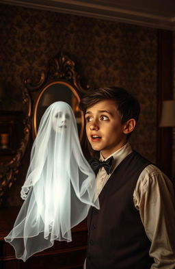 A young man in a vintage outfit, looking amazed and slightly frightened as he stares at a translucent, eerie ghost in an old-fashioned setting