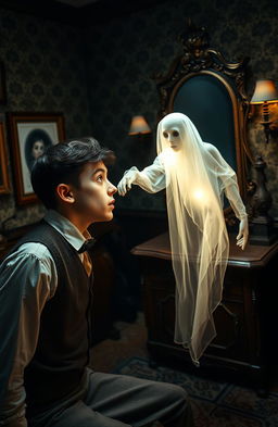 A young man in a vintage outfit, looking amazed and slightly frightened as he stares at a translucent, eerie ghost in an old-fashioned setting