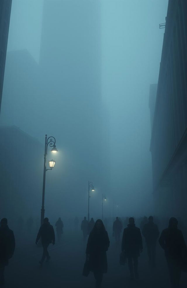 A dystopian cityscape shrouded in thick fog, creating an eerie and mysterious atmosphere