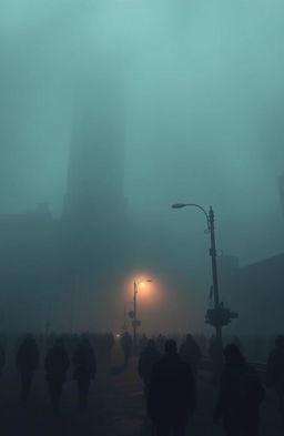 A dystopian cityscape shrouded in thick fog, creating an eerie and mysterious atmosphere