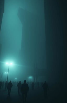 A dystopian cityscape shrouded in thick fog, creating an eerie and mysterious atmosphere