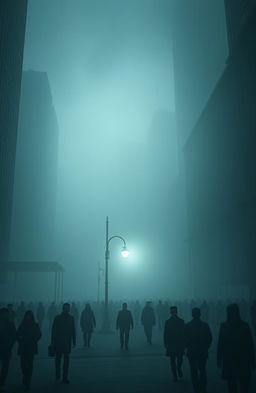 A dystopian cityscape shrouded in thick fog, creating an eerie and mysterious atmosphere