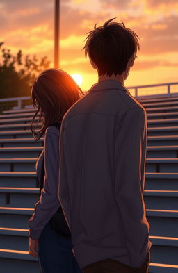 A brunette woman standing behind a guy with brown hair, both in a college setting near bleachers