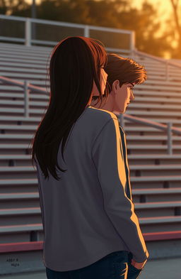 A brunette woman standing behind a guy with brown hair, both in a college setting near bleachers