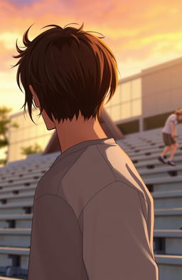 A brunette woman standing behind a guy with brown hair, both in a college setting near bleachers