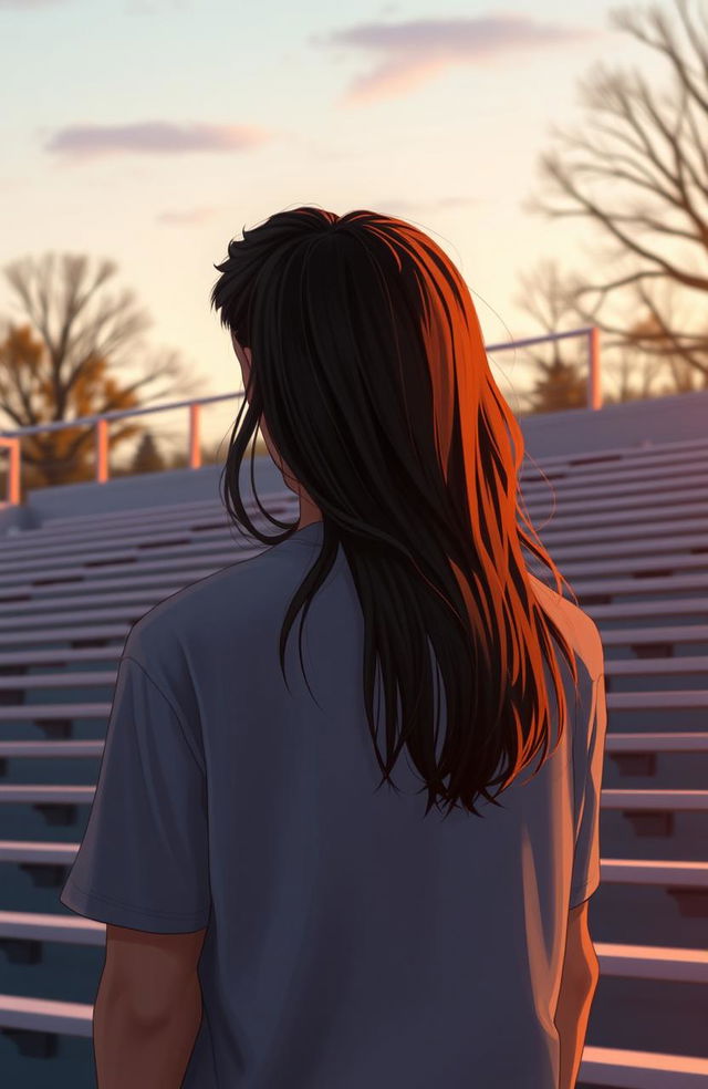 A brunette woman standing behind a guy with brown hair, both in a college setting near bleachers