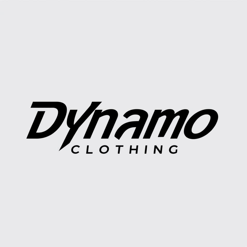 A sleek and modern logo design for 'Dynamo Clothing', featuring the name 'Dynamo' in bold, dynamic typography