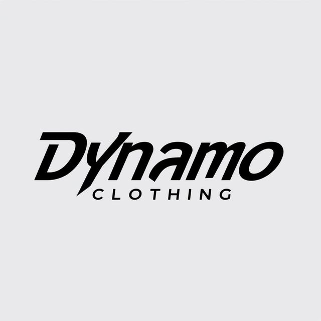 A sleek and modern logo design for 'Dynamo Clothing', featuring the name 'Dynamo' in bold, dynamic typography