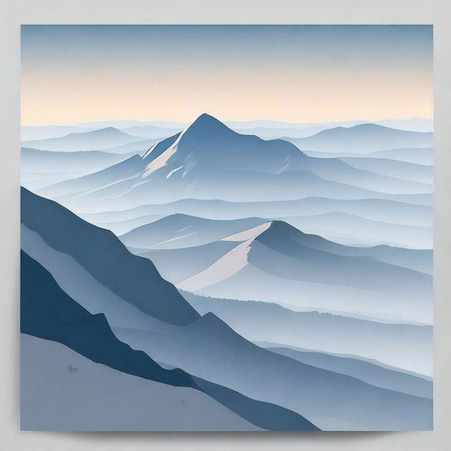 A vector-style illustration featuring a mountainous terrain in the foreground, with a faintly misty plain stretching out in the distance, viewed as if from a slope