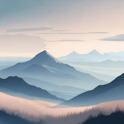 A vector-style illustration featuring a mountainous terrain in the foreground, with a faintly misty plain stretching out in the distance, viewed as if from a slope