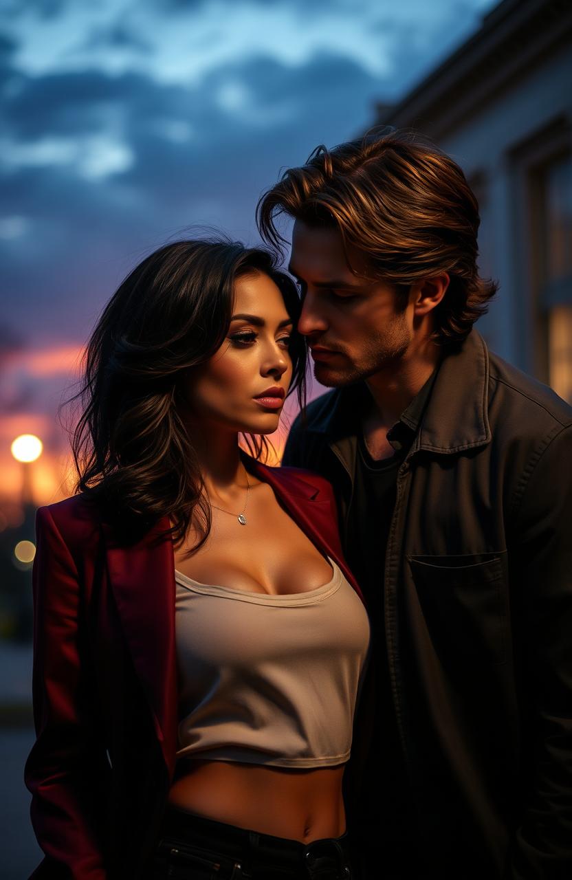 A toxic romance scene between a sophisticated brunette mature woman wearing trendy, sexy clothing and a handsome mature man with brown hair, set against a vibrant sunset aura