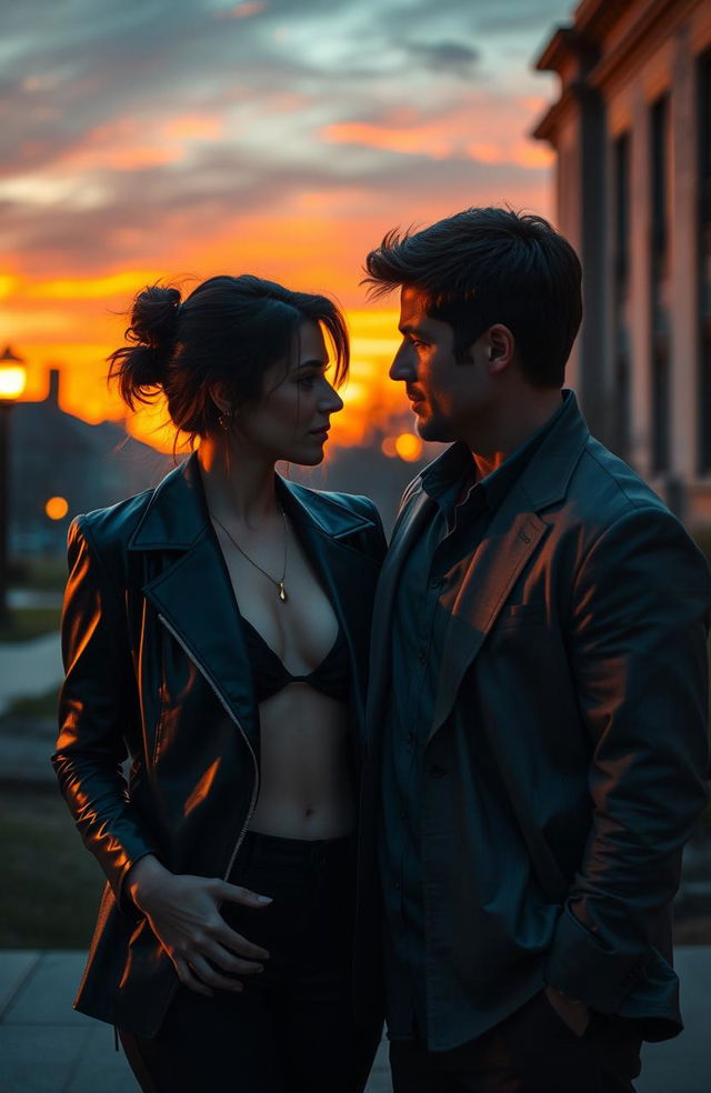 A toxic romance scene between a sophisticated brunette mature woman wearing trendy, sexy clothing and a handsome mature man with brown hair, set against a vibrant sunset aura