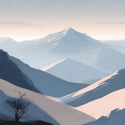 A vector-style illustration featuring a mountainous terrain in the foreground, with a faintly misty plain stretching out in the distance, viewed as if from a slope