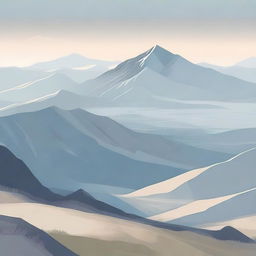 A vector-style illustration featuring a mountainous terrain in the foreground, with a faintly misty plain stretching out in the distance, viewed as if from a slope