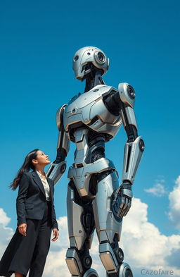 A futuristic robot standing in a vivid blue sky, showcasing intricate metallic details and glowing circuits