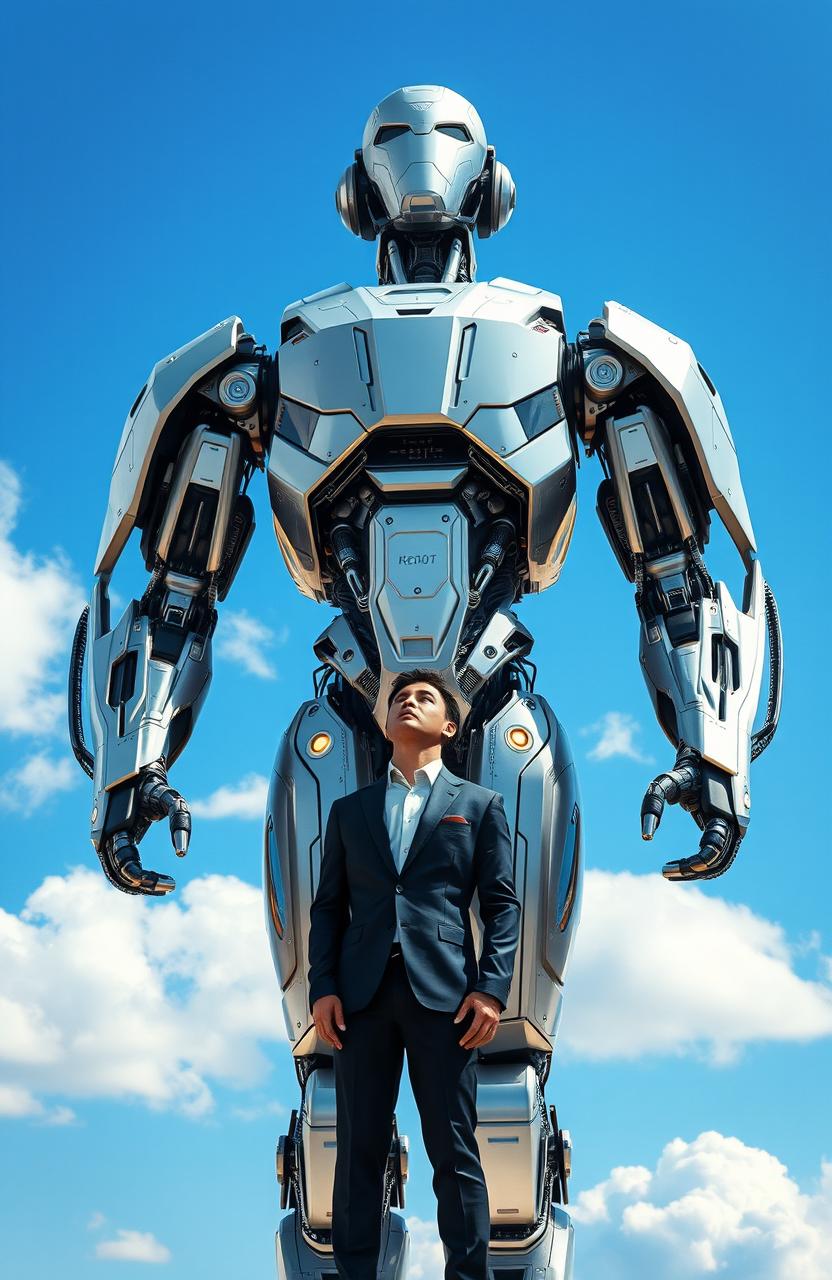 A futuristic robot standing in a vivid blue sky, showcasing intricate metallic details and glowing circuits