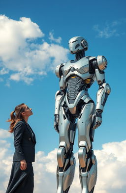 A futuristic robot standing in a vivid blue sky, showcasing intricate metallic details and glowing circuits