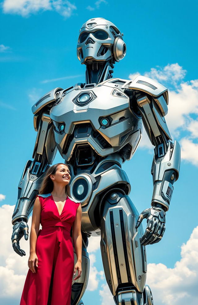 A futuristic robot standing in a vivid blue sky, showcasing intricate metallic details and glowing circuits