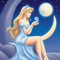 A mysterious and sorrowful Moon Princess, seated on the Moon, closely examining moonstones.