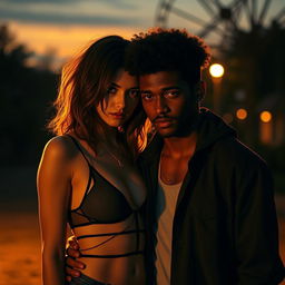 A toxic romance scene depicting a brunette woman in stylish, hot clothing, alongside a short, fluffy-haired brown man, both college students