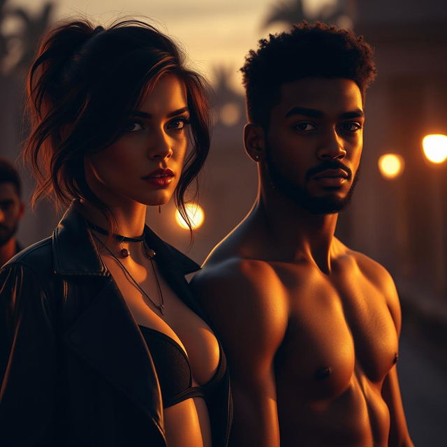 A toxic romance scene depicting a brunette woman in stylish, hot clothing, alongside a short, fluffy-haired brown man, both college students