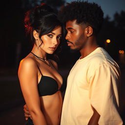 A toxic romance scene depicting a brunette woman in stylish, hot clothing, alongside a short, fluffy-haired brown man, both college students