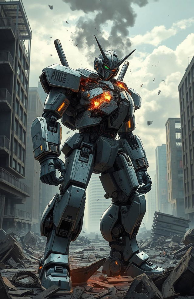 An anime-style robot heavily damaged, showcasing various mechanical parts exposed and sparks flying out from its core