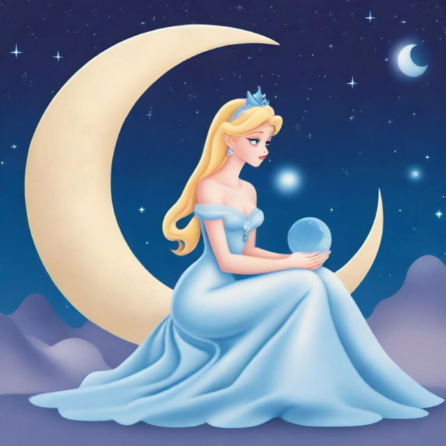 A mysterious and sorrowful Moon Princess, seated on the Moon, closely examining moonstones.