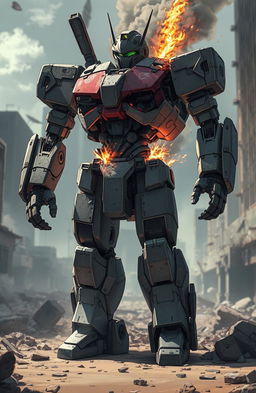 An anime-style robot heavily damaged, showcasing various mechanical parts exposed and sparks flying out from its core