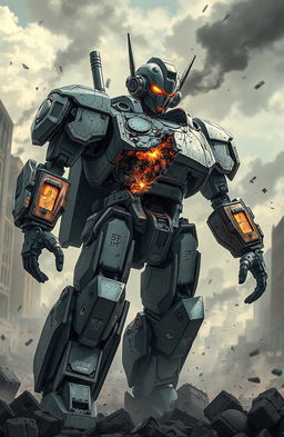 An anime-style robot heavily damaged, showcasing various mechanical parts exposed and sparks flying out from its core