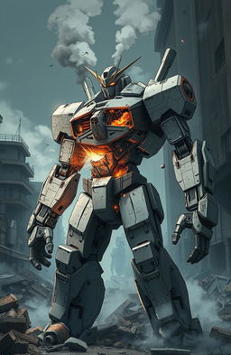 An anime-style robot heavily damaged, showcasing various mechanical parts exposed and sparks flying out from its core