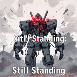 A detailed illustration of a heavily damaged anime robot, featuring intricate mechanical components exposed and wires sparking