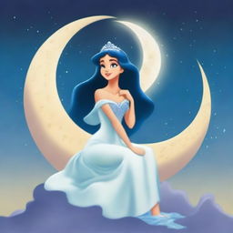 A mysterious and sorrowful Moon Princess, seated on the Moon, closely examining moonstones.