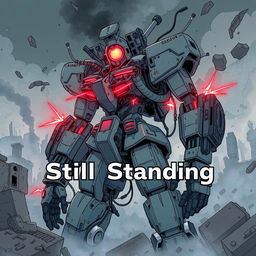 A detailed illustration of a heavily damaged anime robot, featuring intricate mechanical components exposed and wires sparking