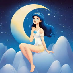 A mysterious and sorrowful Moon Princess, seated on the Moon, closely examining moonstones.