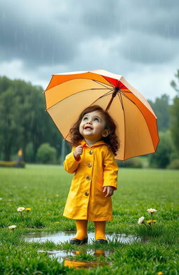 A young girl named Mia, around 7 years old with curly brown hair, standing under a large, colorful umbrella