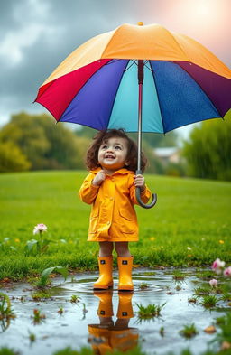 A young girl named Mia, around 7 years old with curly brown hair, standing under a large, colorful umbrella