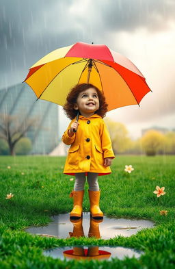 A young girl named Mia, around 7 years old with curly brown hair, standing under a large, colorful umbrella