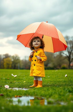 A young girl named Mia, around 7 years old with curly brown hair, standing under a large, colorful umbrella
