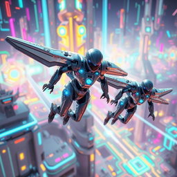 Two futuristic robots flying through a vibrant digital landscape