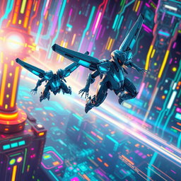 Two futuristic robots flying through a vibrant digital landscape