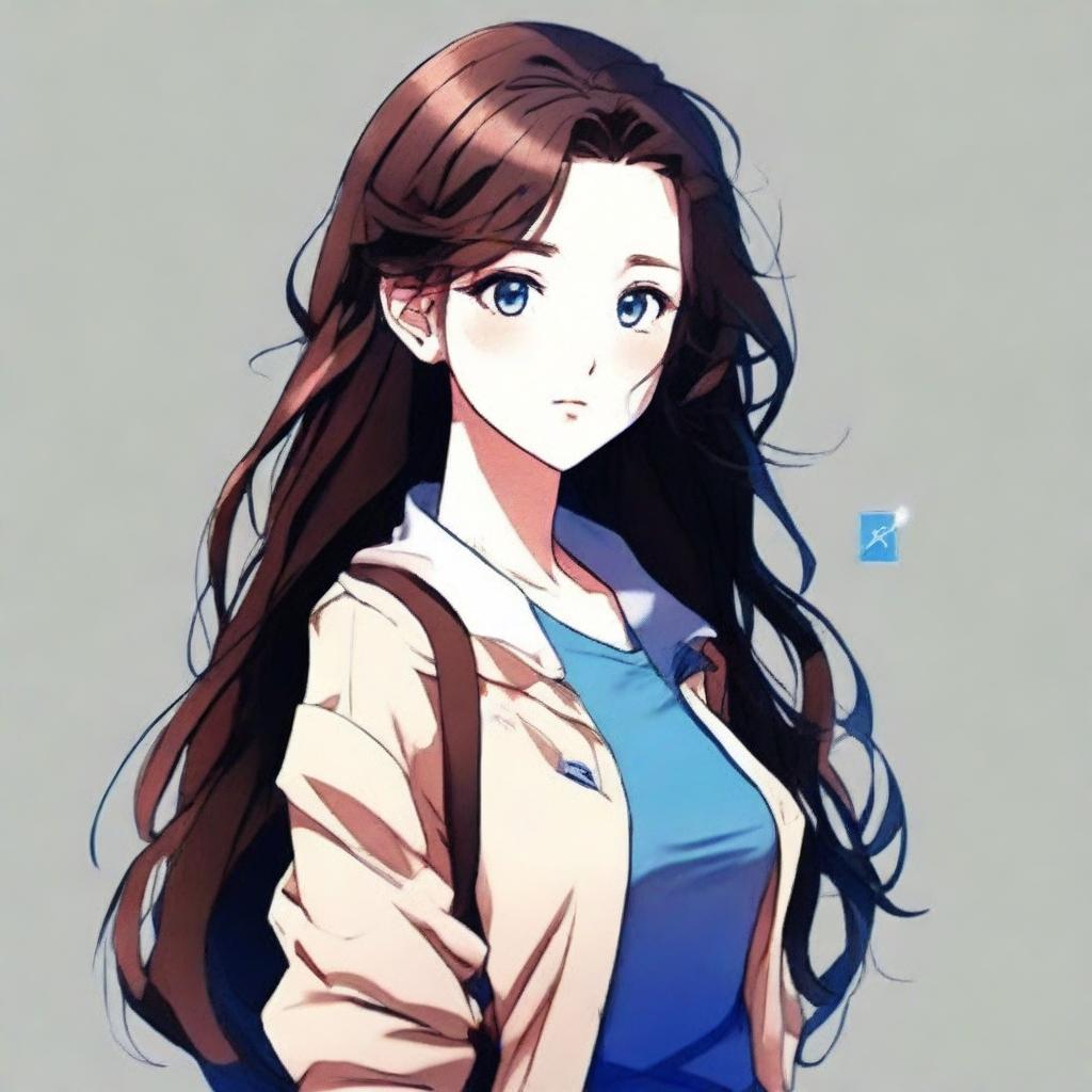 Anime avatar: a girl with messy long curly dark brown hair, blue eyes, fair skin, a slightly upturned nose, wearing modern clothes