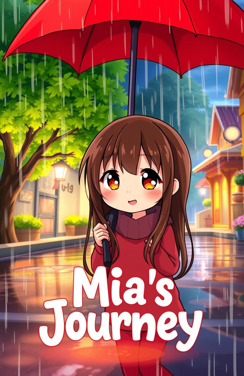 An anime-style illustration of a little girl named Mia taking shelter from rain under a vibrant red umbrella