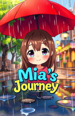 An anime-style illustration of a little girl named Mia taking shelter from rain under a vibrant red umbrella