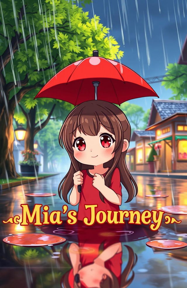 An anime-style illustration of a little girl named Mia taking shelter from rain under a vibrant red umbrella