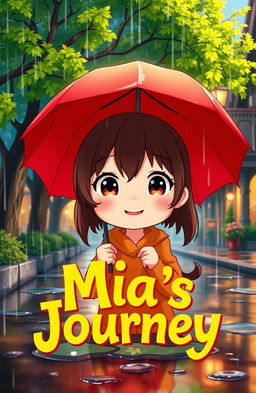 An anime-style illustration of a little girl named Mia taking shelter from rain under a vibrant red umbrella