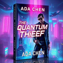 A stunning book cover design for 'The Quantum Thief' by Ada Chen featuring a vibrant cyberpunk cityscape