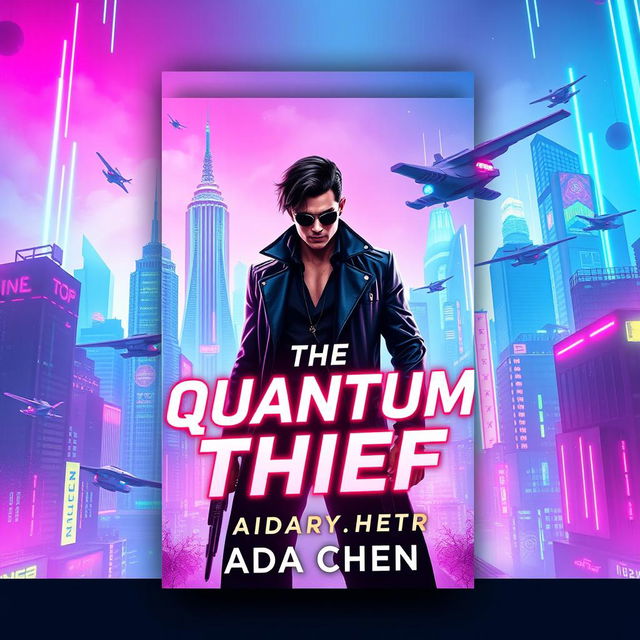 A stunning book cover design for 'The Quantum Thief' by Ada Chen featuring a vibrant cyberpunk cityscape