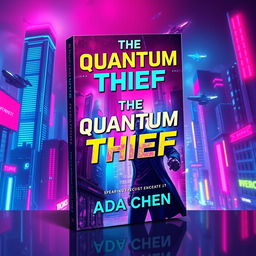 A stunning book cover design for 'The Quantum Thief' by Ada Chen featuring a vibrant cyberpunk cityscape