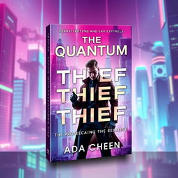 A stunning book cover design for 'The Quantum Thief' by Ada Chen featuring a vibrant cyberpunk cityscape